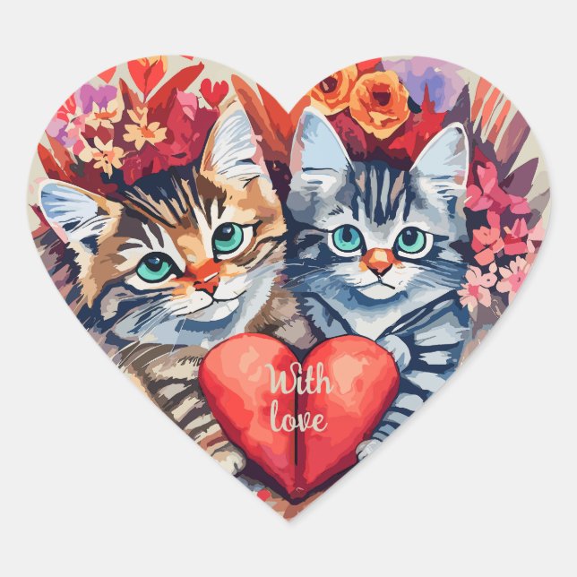 Aquarellkatzen mit Herz Herz-Aufkleber (Vorderseite)