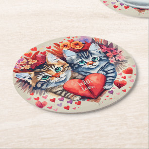 Aquarellkatzen mit Herz Runder Pappuntersetzer