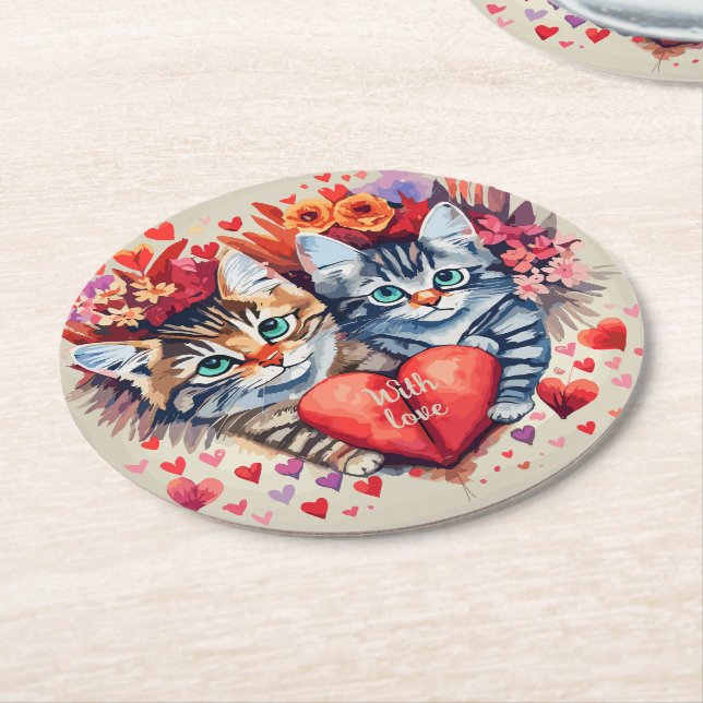 Aquarellkatzen mit Herz Runder Pappuntersetzer (Angewinkelt)