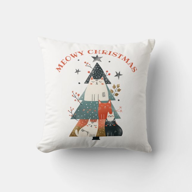 Aquarellkatzen Weihnachtsbaum Niedlich Meowy Weihn Kissen (Vorderseite)