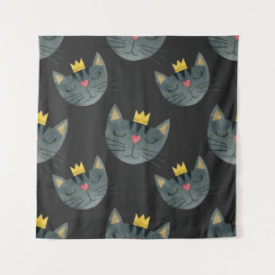 Aquarellkatzengesichter, schwarz nahtlos. wandteppich