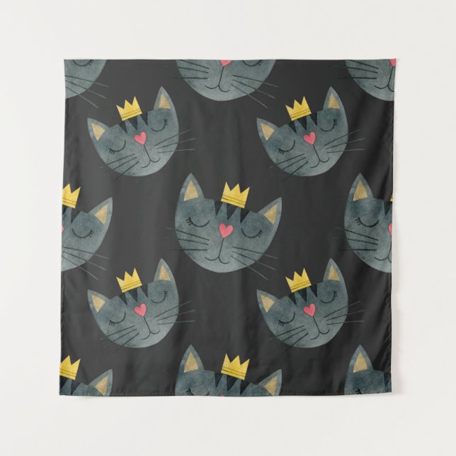 Aquarellkatzengesichter, schwarz nahtlos. wandteppich (Vorderseite)