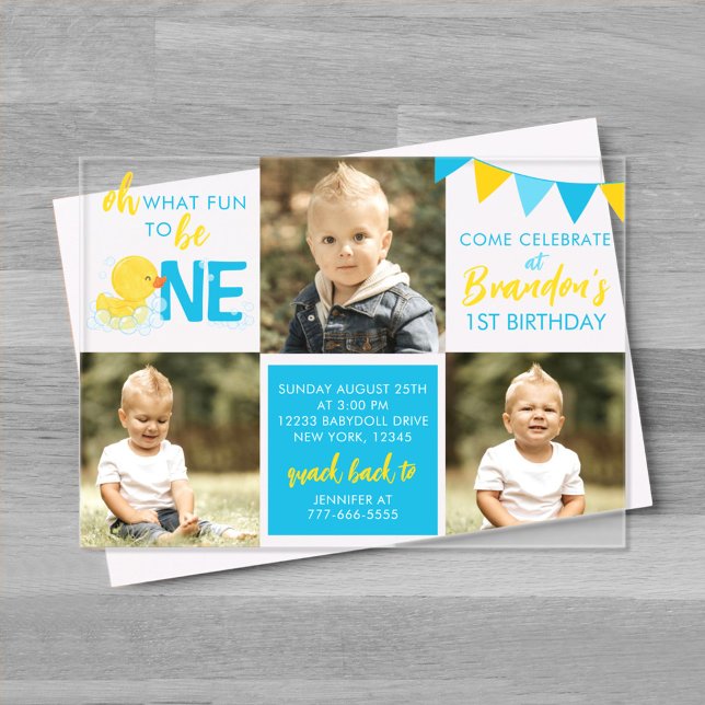 Aquarellkautschukente 3 Foto Geburtstag Acryleinladungen (What Fun to Be One Watercolor Rubber Duck boy Birthday Invite)