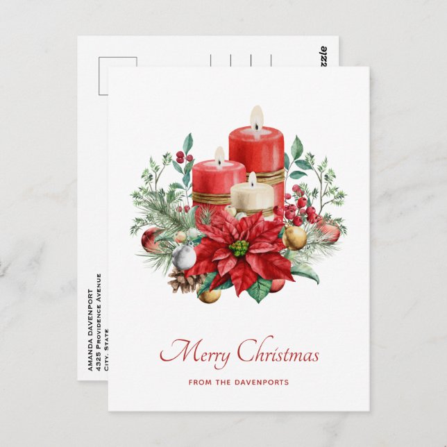 Aquarellkerzen und Poinsettia Weihnachten Postkarte (Vorne/Hinten)