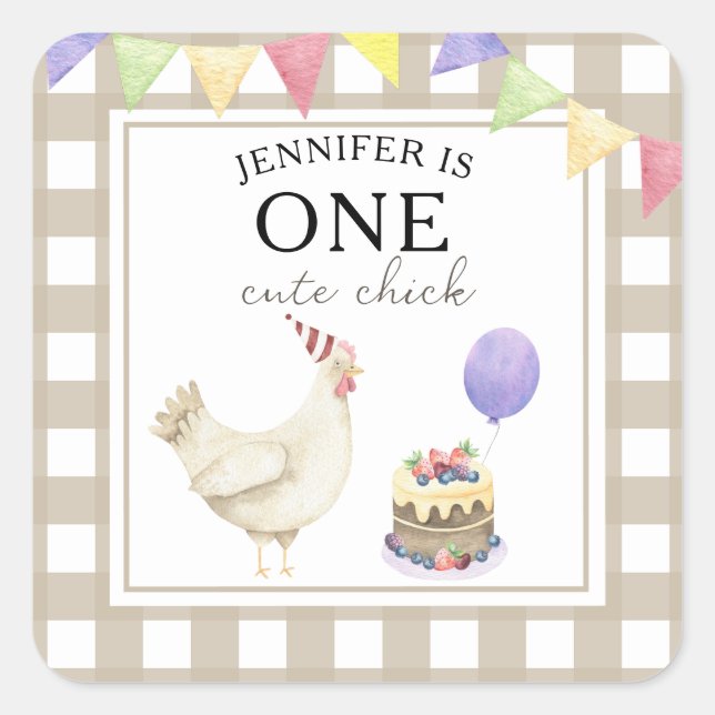 Aquarellkick 1. Geburtstag Quadratischer Aufkleber (Vorderseite)