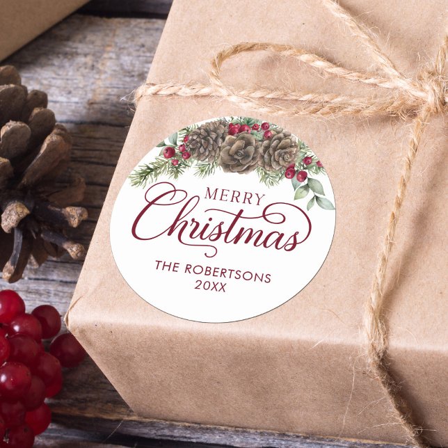 Aquarellkiefer Cone Skript Frohe Weihnachten Runder Aufkleber (Von Creator hochgeladen)