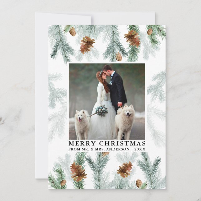 Aquarellkiefer Kone Grüne Hochzeitsfeier Foto Feiertagskarte (Vorderseite)