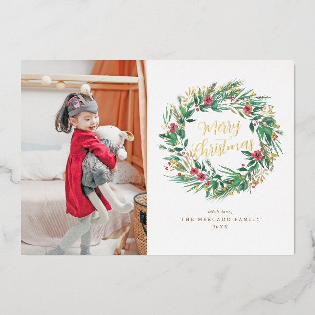 Aquarellkiefer und Berry Kranz Weihnachtsfest Foto Folieneinladung (Vorderseite)