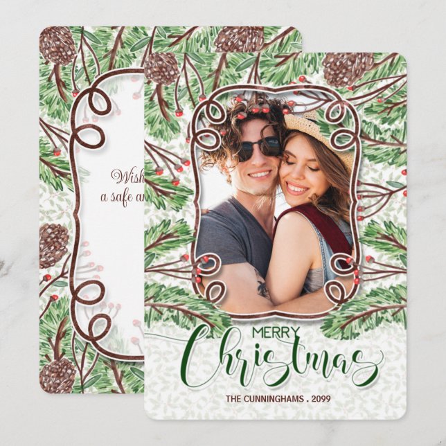 Aquarellkiefer und Branchen Frohe Weihnachten Foto (Vorne/Hinten)