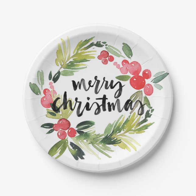 Aquarellkiefer und Holly Wreath Frohe Weihnachten Pappteller (Vorderseite)