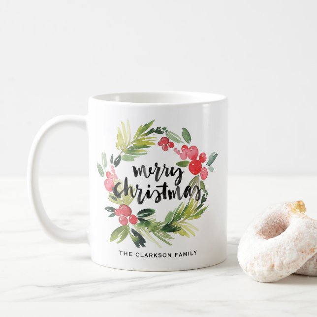 Aquarellkiefer und Weihnachtsfest im Heiligen Foto Kaffeetasse (Mit Donut)