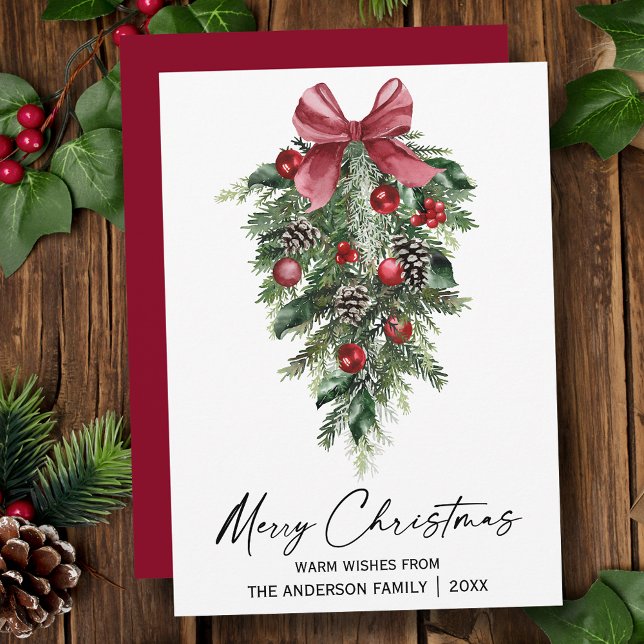 Aquarellkiefern Calligraphie Tinte Weihnachten Rot (Customize to change your personalized text size, style or change color of back of card.)