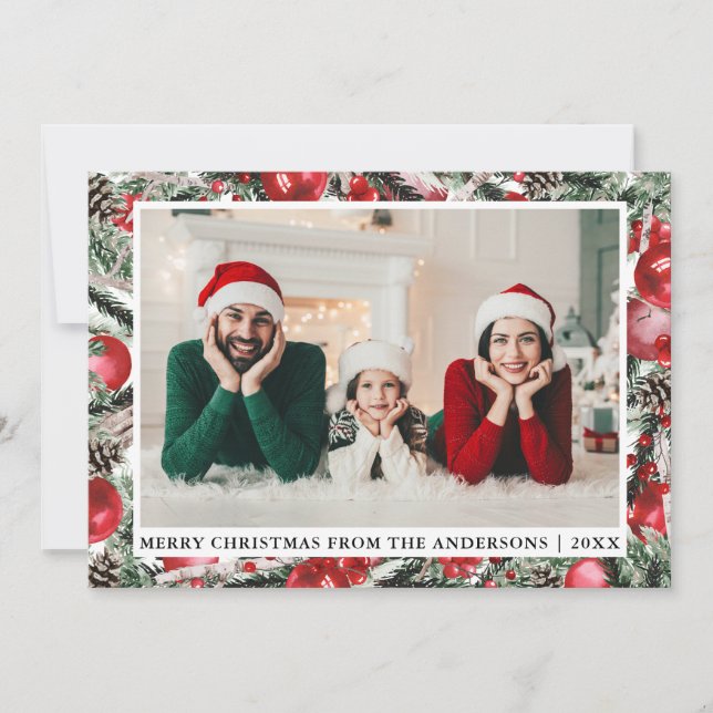 Aquarellkiefern Rote Ornamente Foto Weihnachten (Vorderseite)