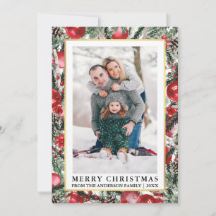 Aquarellkiefern Rote Weihnachtsschmuck Foto Feiertagskarte