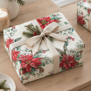 Aquarellkiefern Vintag Red Poinsettia Weihnachten Geschenkpapier