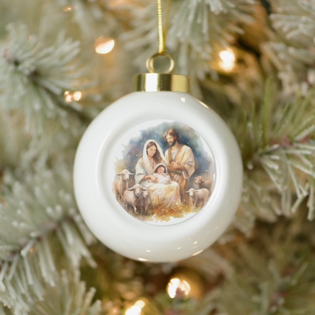 Aquarellkind Jesus Christus mit Maria und Joseph Keramik Kugel-Ornament (Baum)