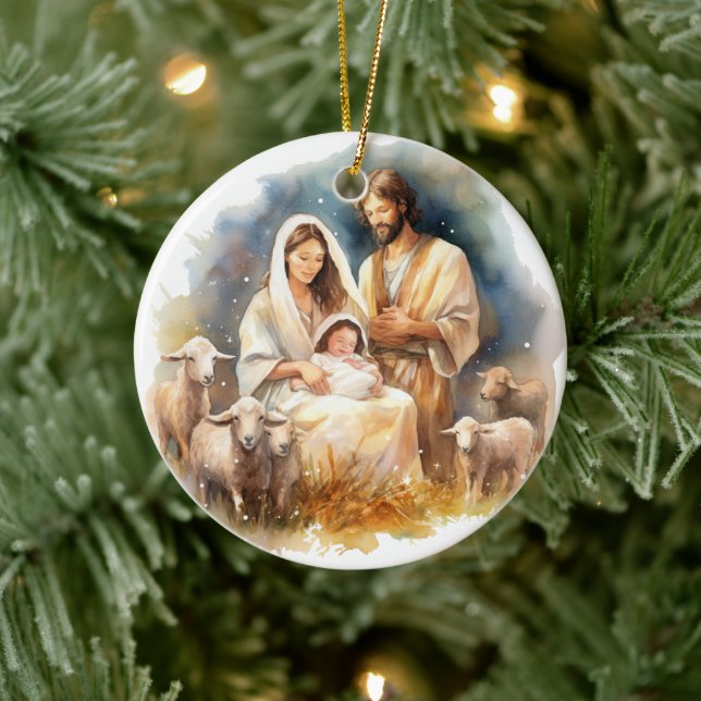 Aquarellkind Jesus Christus mit Maria und Joseph Keramik Ornament (Baum)