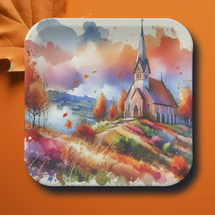 Aquarellkirche an einem Herbsttag Pappteller