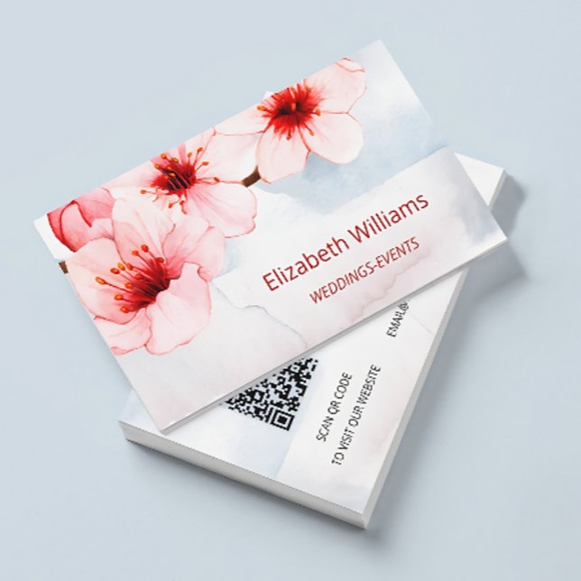 Aquarellkirsche Blossom Pink Blush | Qr Code Visitenkarte (Von Creator hochgeladen)