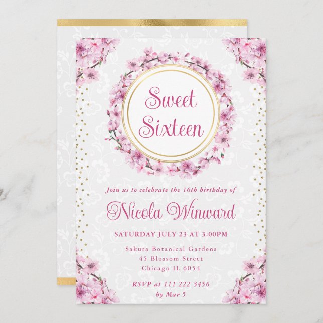 Aquarellkirsche Blüten Süß 16 Einladung (Vorne/Hinten)