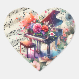 AquarellKlavier und Blume Herz-Aufkleber