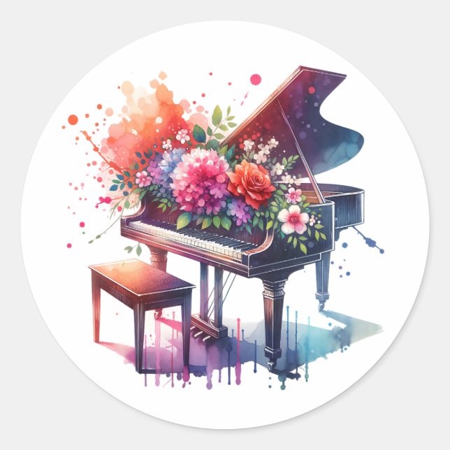 AquarellKlavier und Blume Runder Aufkleber (Vorderseite)