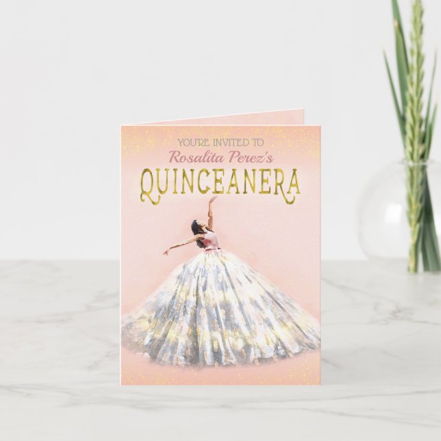 Aquarellkleid Rosa Rosa Gold Quinceanera Extravaga Einladung (Vorderseite)