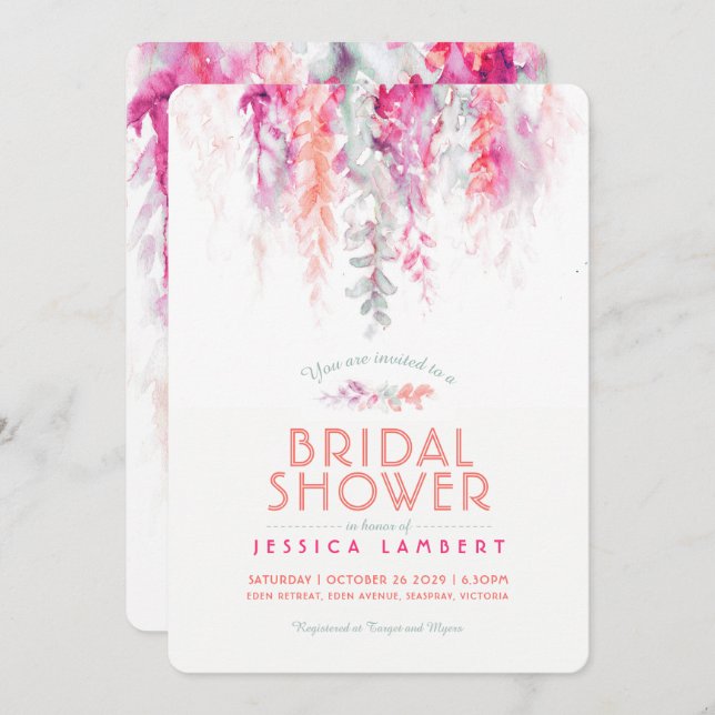 Aquarellkoralle Rosa Salbei Grünes Brautparty Einladung (Vorne/Hinten)