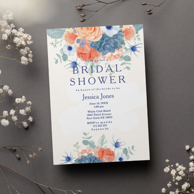 Aquarellkorallenblau rustikales Brautparty Einladung (Zazzle Watercolor coral blue rustic floral Bridal Shower Invitation )