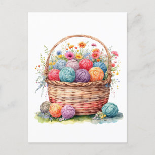 Aquarellkorb mit Garnknäueln und Blumen  Postkarte
