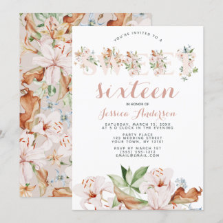 Aquarellkorn Rosa Floral 16 . Geburtstag Einladung