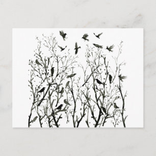 Aquarellkrähen in Holz in nachts schwarz Postkarte