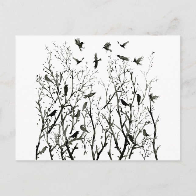 Aquarellkrähen in Holz in nachts schwarz Postkarte (Vorderseite)