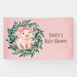 Aquarellkranz mit Baby Pig Girl Baby Dusche Banner