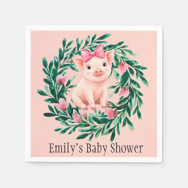 Aquarellkranz mit Baby Pig Girl Baby Dusche Serviette (Vorderseite)