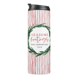 Aquarellkranz + Streifen Weihnachtsgeschenk Thermosbecher