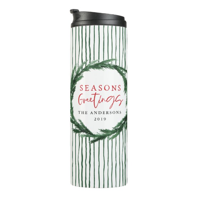 Aquarellkranz + Streifen Weihnachtsgeschenk Thermosbecher (Nach rechts gedreht)