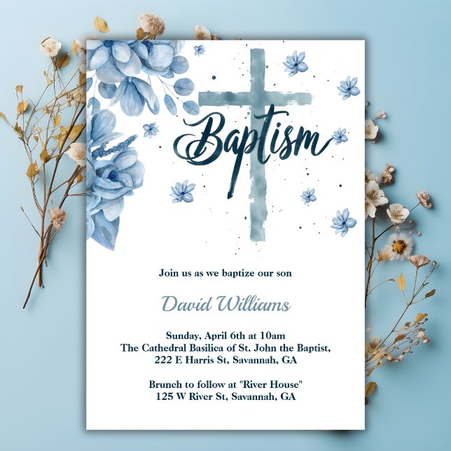 Aquarellkreuz Florals Dusty Blue Boy Taufe Einladung (Watercolor Cross Florals Dusty Blue Boy Baptism Invitation)