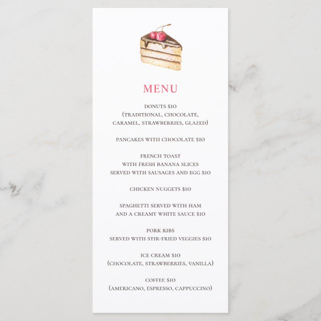 Aquarellkuchen oder Kuchen. Einfache Bäckereikaffe Menükarte (Vorderseite)