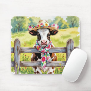 Aquarellkuh mit floralem Hut Mousepad