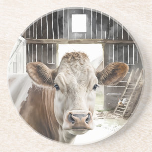Aquarellkühe Hereford in Barn Getränkeuntersetzer