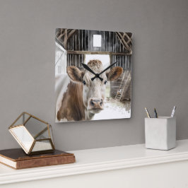 Aquarellkühe Hereford in Barn Quadratische Wanduhr