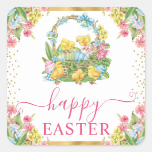 Aquarellküken und Eier Blütenglückspause Ostern Quadratischer Aufkleber