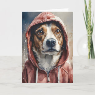 Aquarellkunst Braun und Weißer Hund in Hoodie Karte