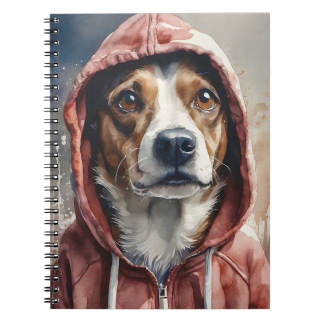 Aquarellkunst Braun und Weißer Hund in Hoodie Notizblock (Vorderseite)