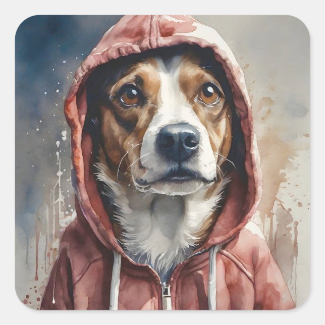 Aquarellkunst Braun und Weißer Hund in Hoodie Quadratischer Aufkleber (Vorderseite)