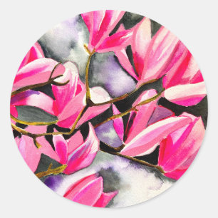Aquarellkunst der rosa Magnolie Runder Aufkleber