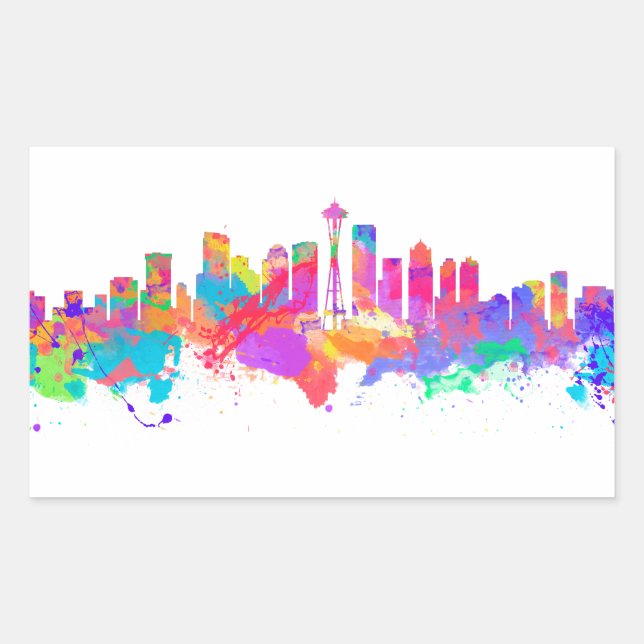 Aquarellkunst der Skyline von Seattle USA Rechteckiger Aufkleber (Vorderseite)