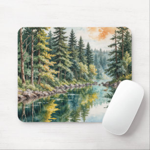 Aquarellkunst eines Flusses in einem Wald Mousepad