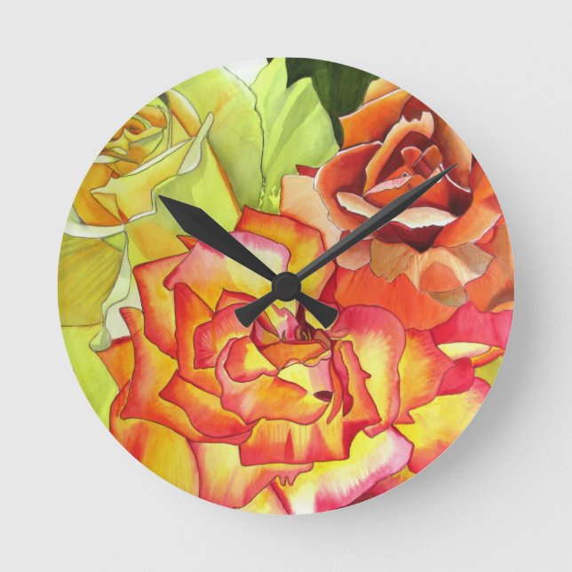 Aquarellkunst in Orangen- und Gelbrosen Runde Wanduhr (Vorderseite)